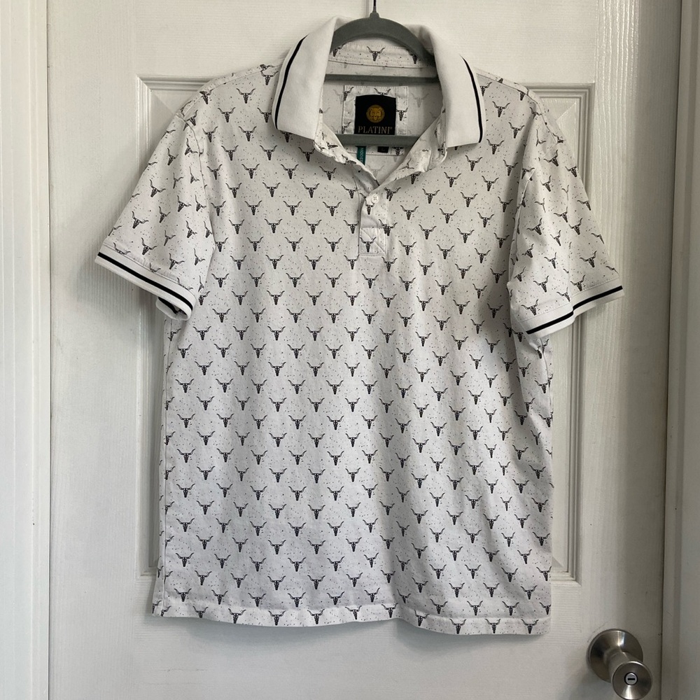 Platini Men’s Polo Shirt Large White With Black Longhorn Skull Print All Over